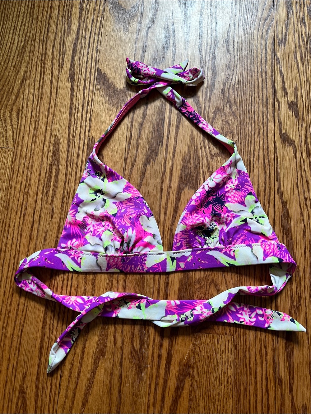 Victoria’s Secret Purple Floral Triangle Bikini Top Size Medium Neon Bright
